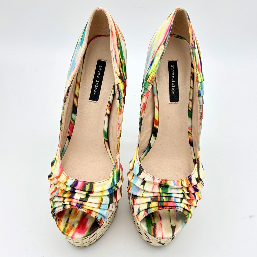 River Island Multicolor Abstract Pleated Peep Toe Platform Heels Pumps EU 38 7.5 - Picture 4 of 11